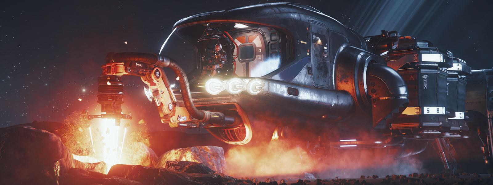 A mining vehicle cutting into molten rock, sparks and fire around the drill