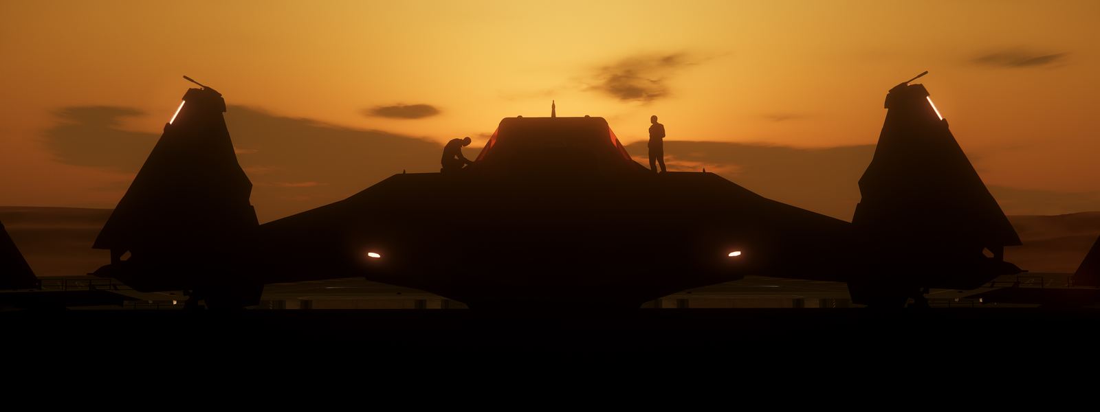 Two figures silhouetted on the back of a ship at sunset